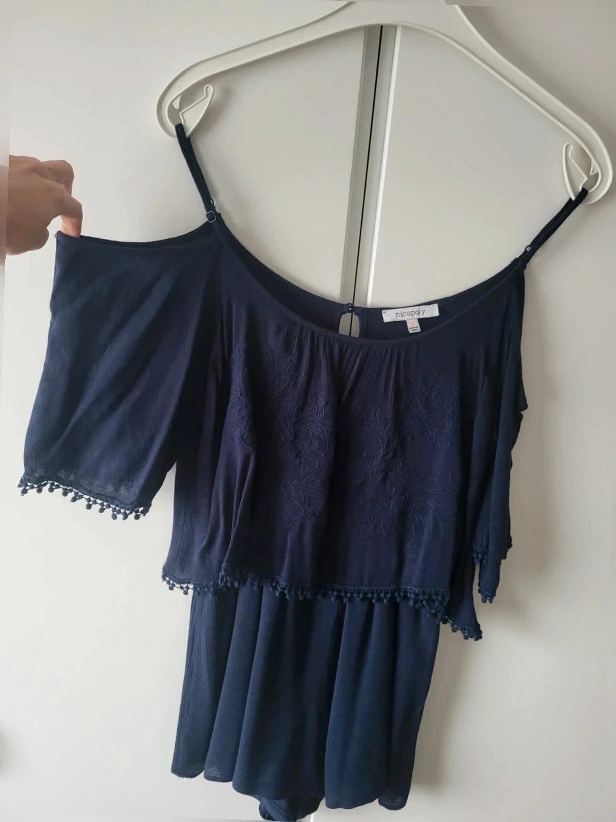 Zomer Playsuit S donkerblauw – Off shoulder, boho Ibiza style