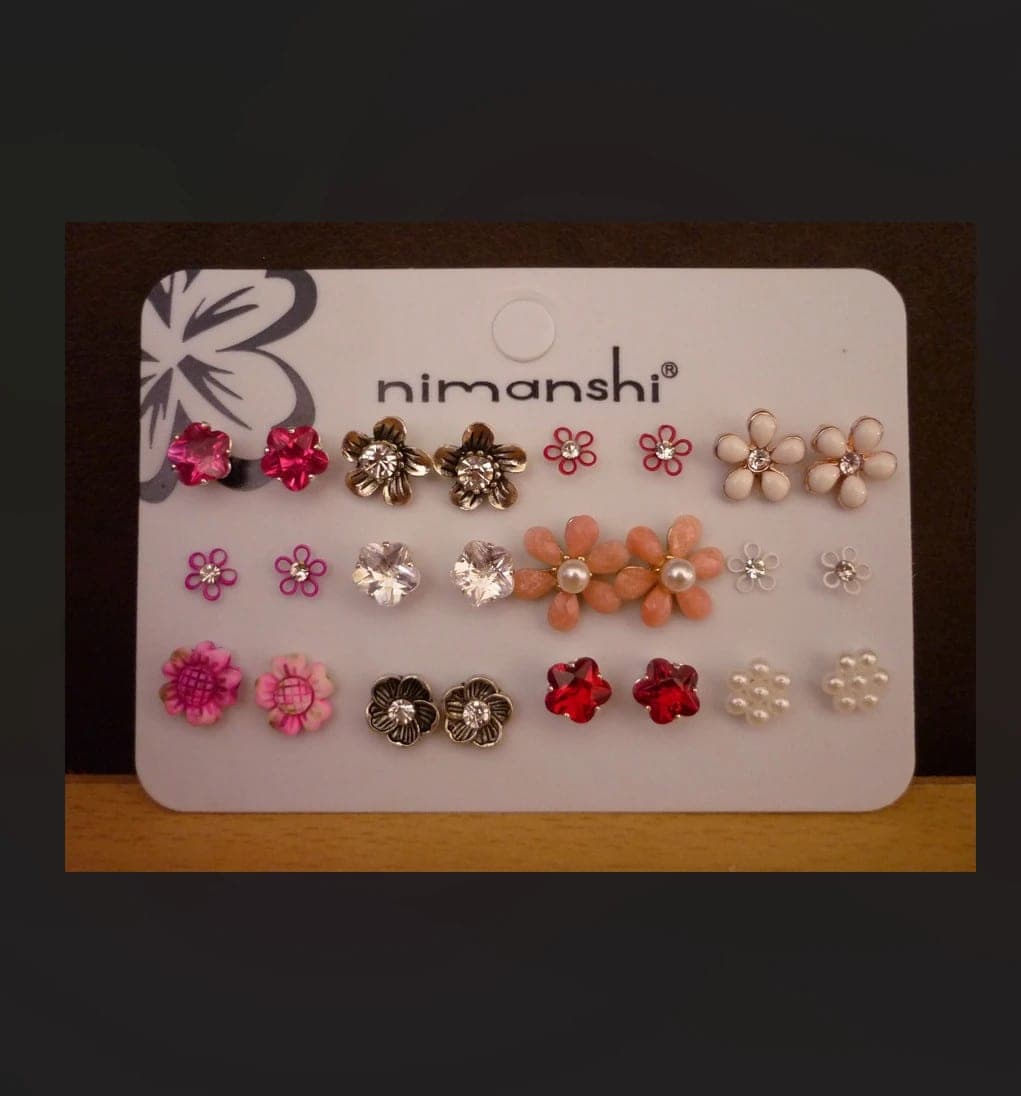 Set van 12 paar bloem oorbellen rood roze fuchsia wit zilverkleurig strass parel