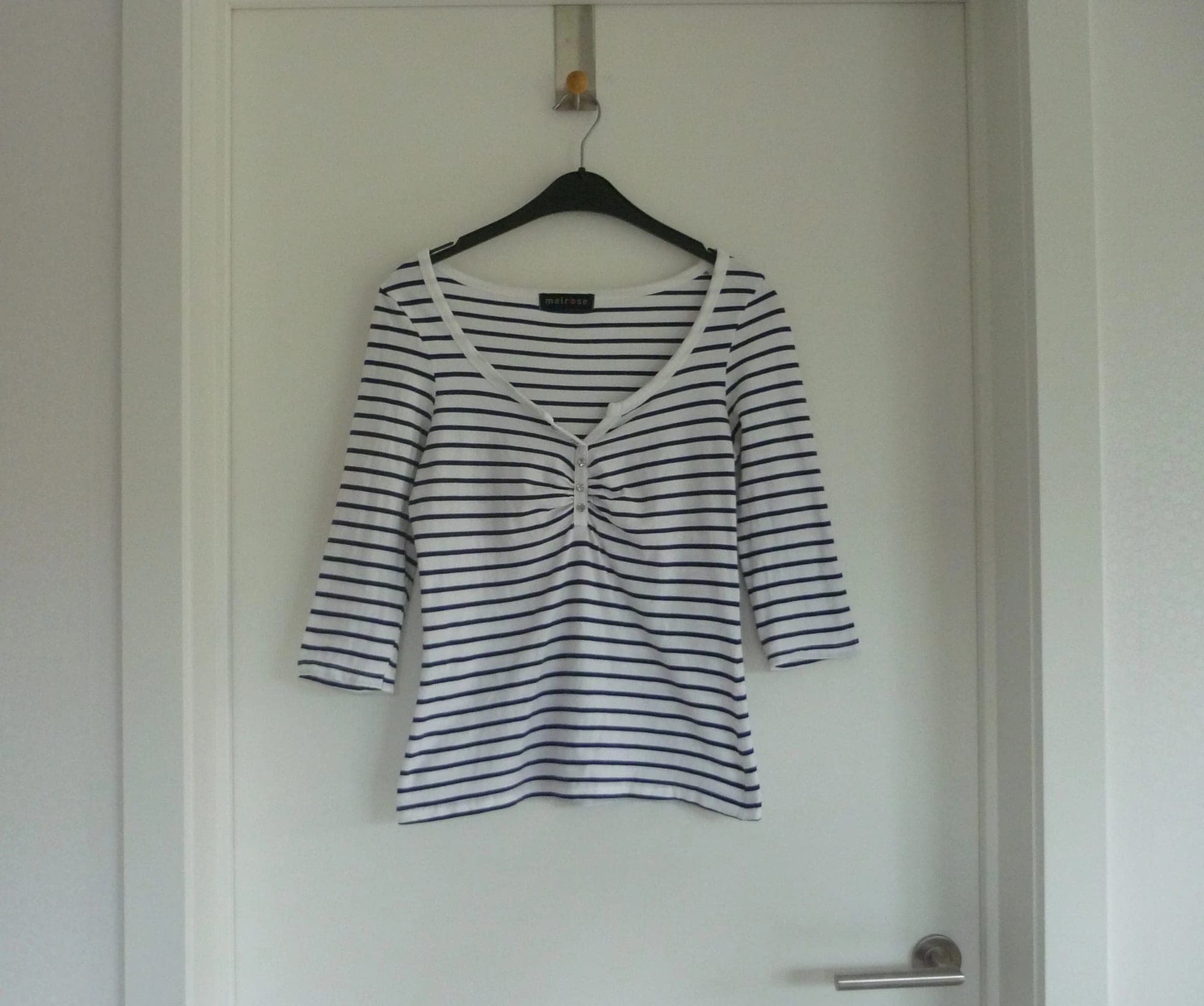 White 3/4 sleeve shirt with blue stripes by Melrose Size S-M