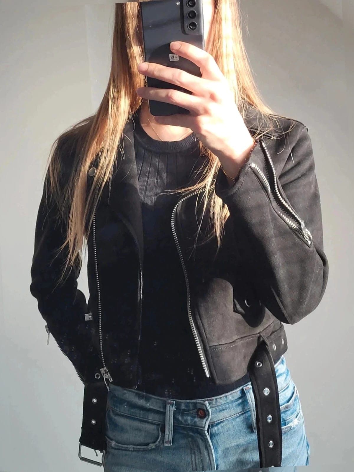 Zwarte bikerjas Suèdelook – maat S – edgy & tijdloos