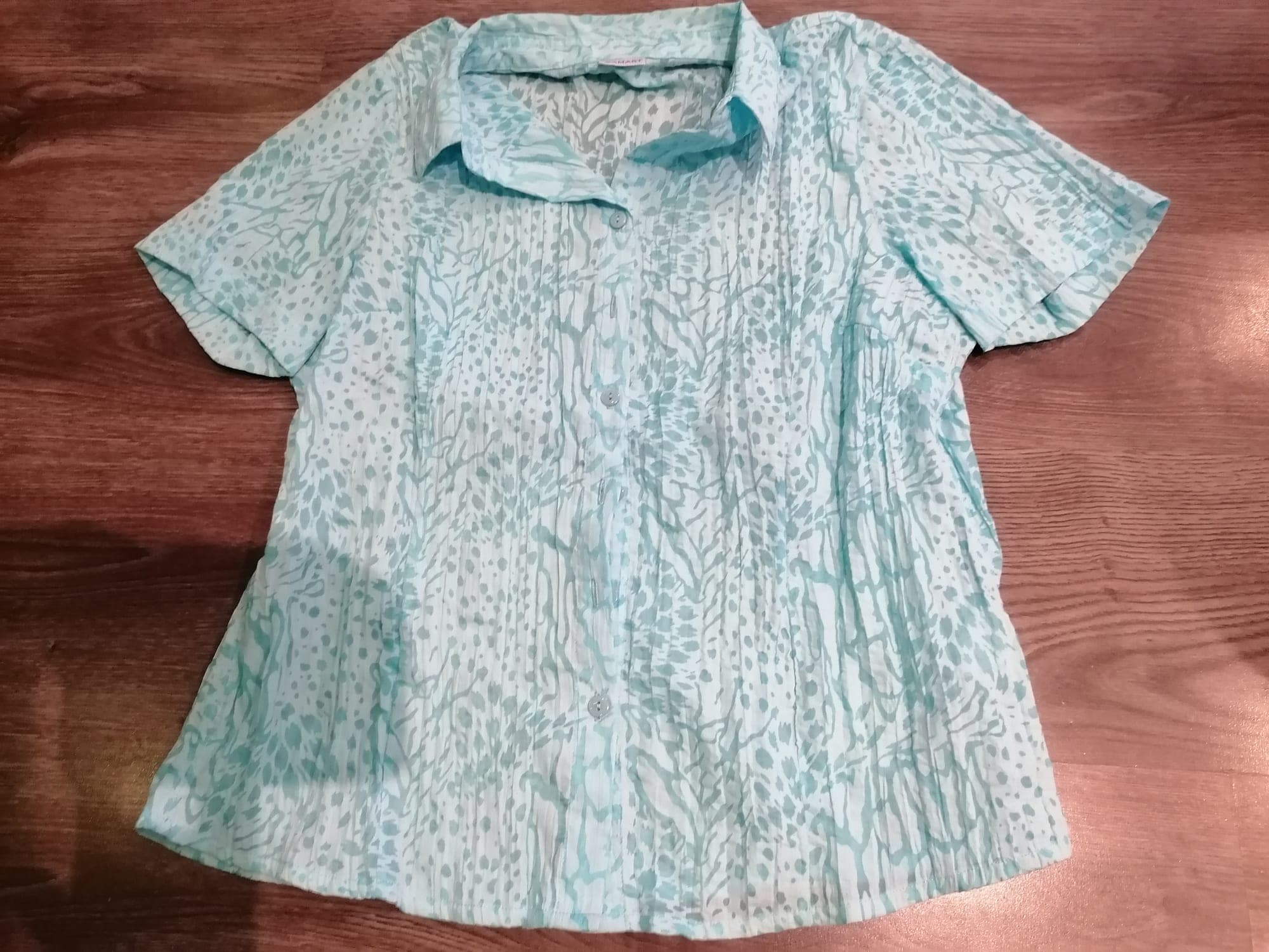 Turkoise blouse met mooi motief en korte mouwen