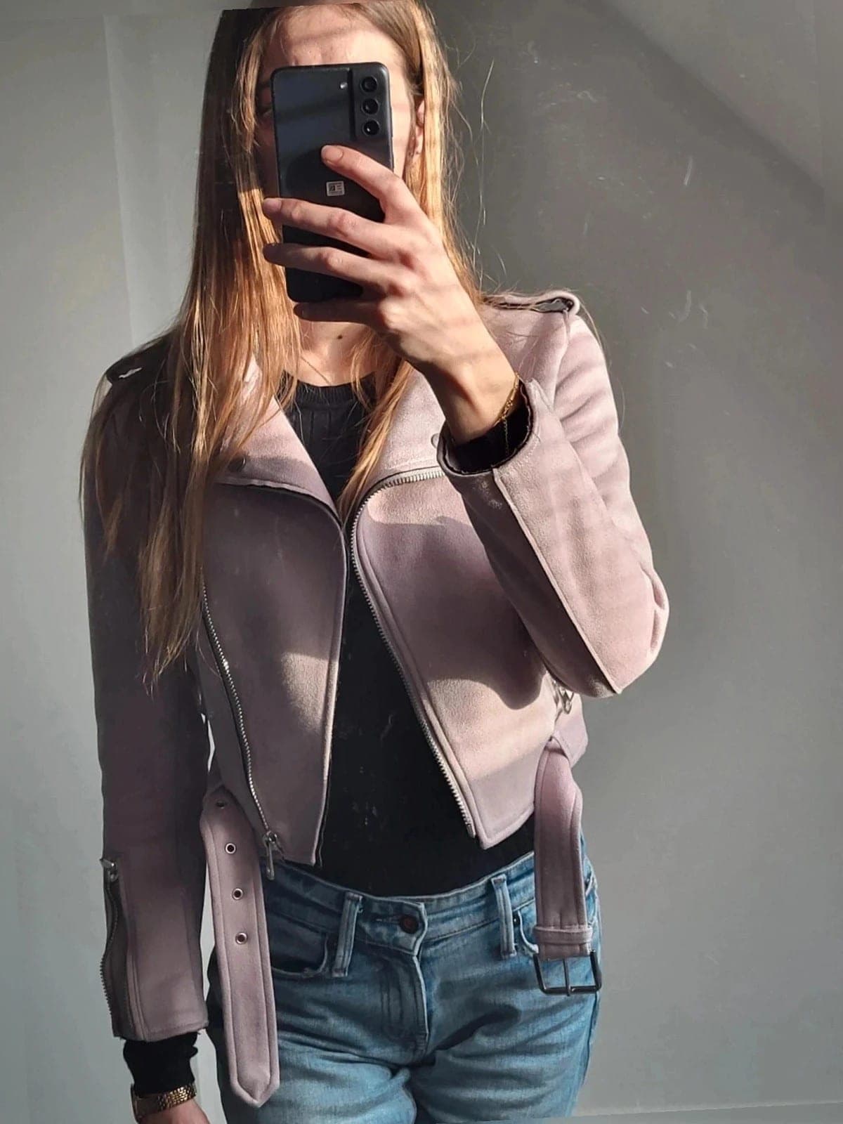 Oudroze Bikerjas Suèdelook – maat S – Chic & feminin