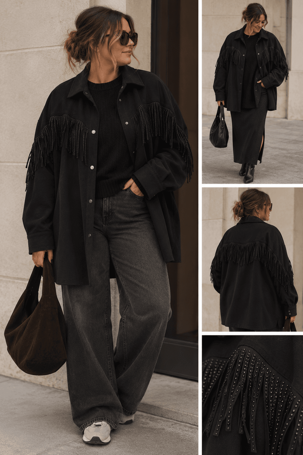 Zara zwarte oversized blouse met franjes en studs