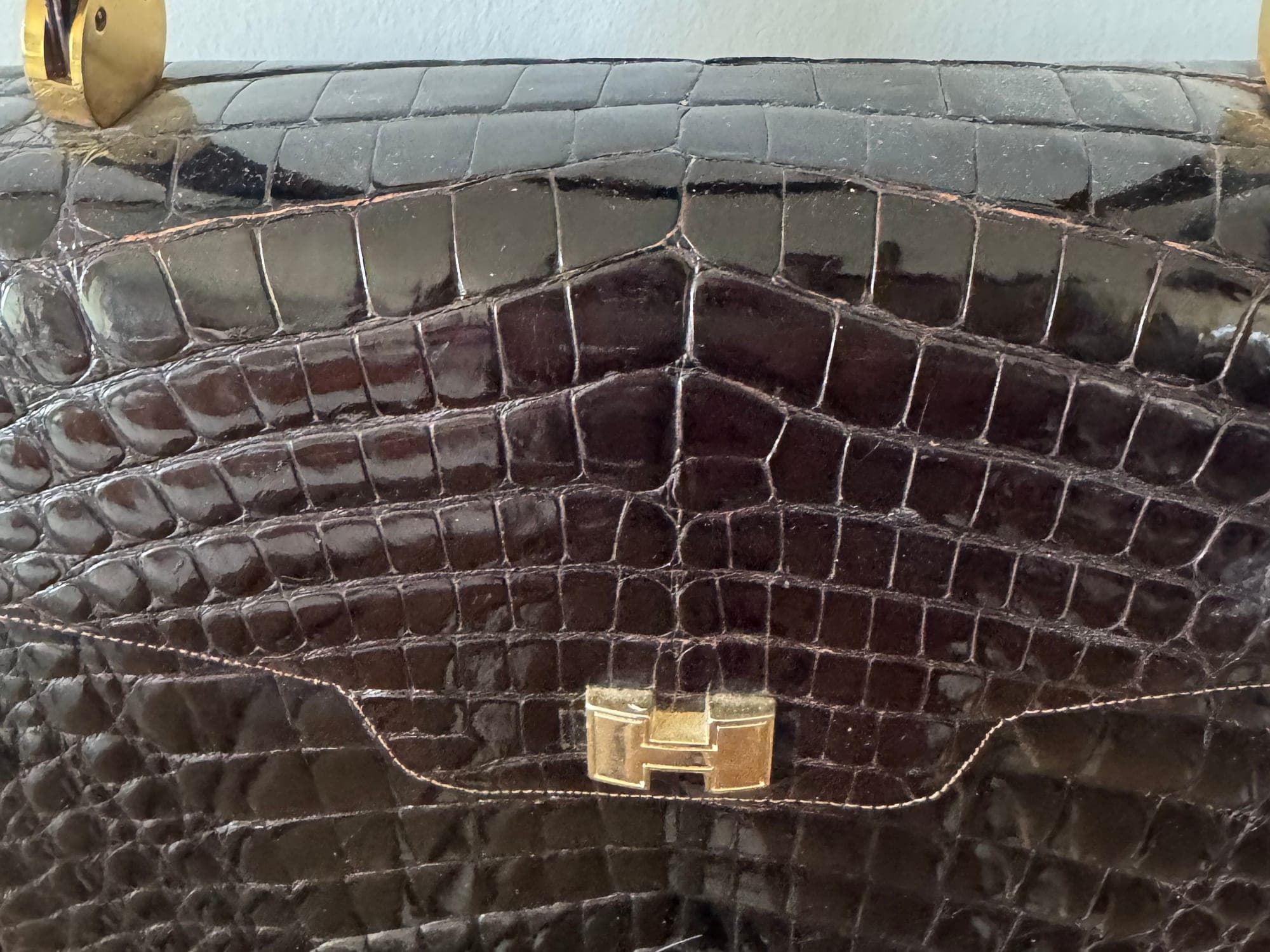 Black Crocodile Embossed Leather Handbag with Gold Hardware