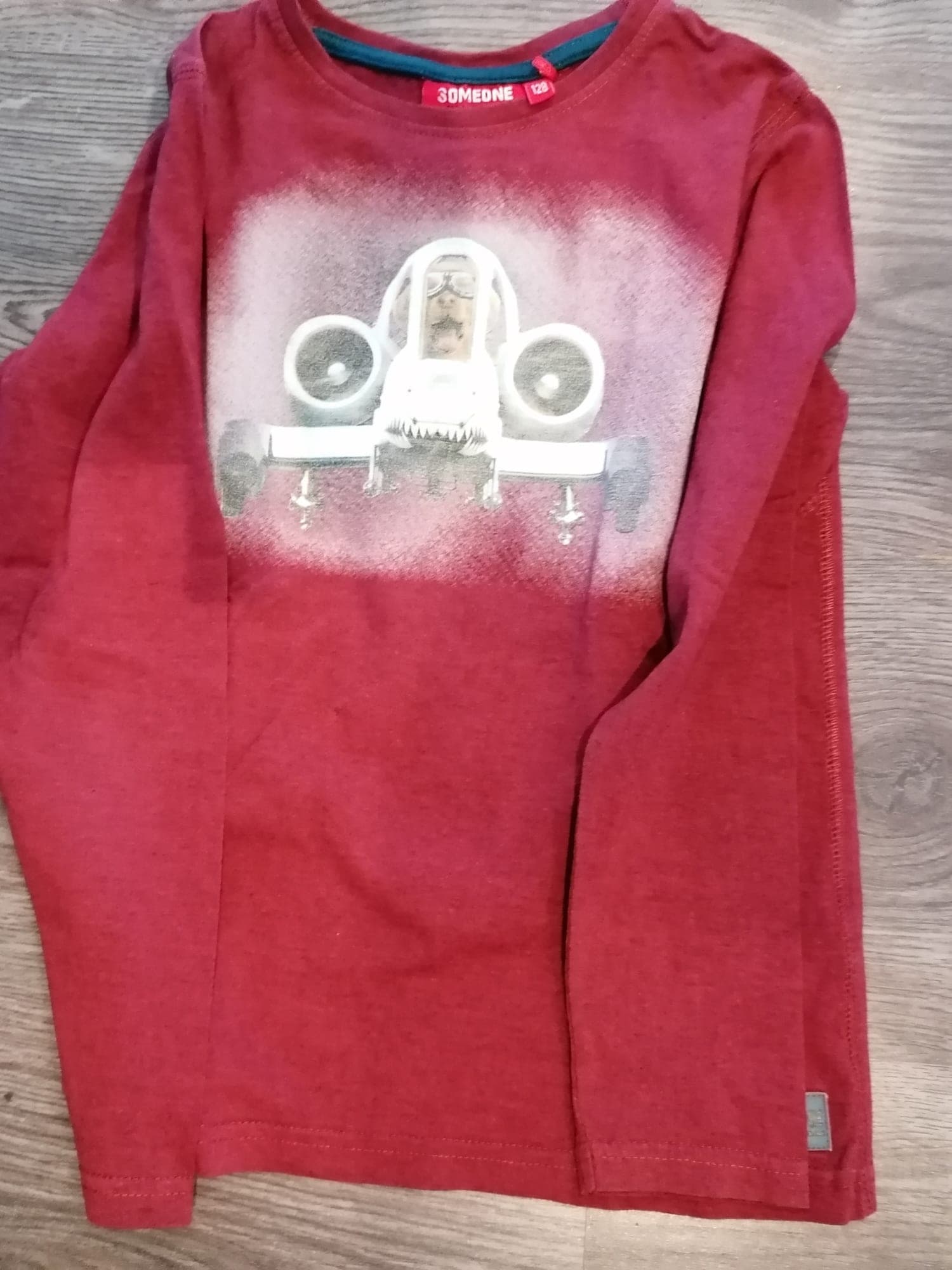 SOMEONE burgundy longsleeve with airplane print, size 128