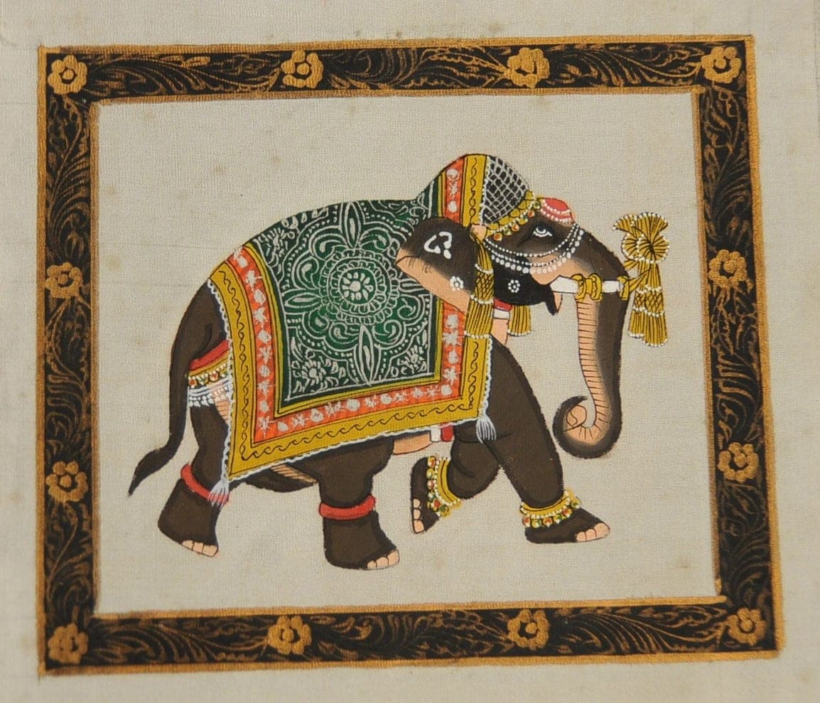 Schilderij olifant op zijde (groen) uit India