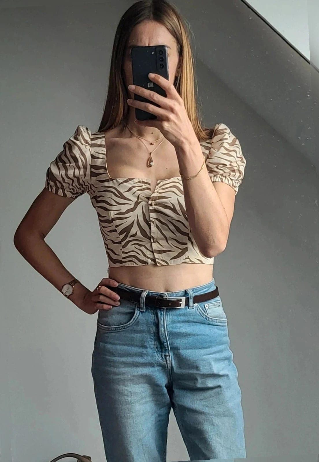 NA-KD zebra Crop top met pofmouwen | Beige/zwart | maat xS 34 | nieuw