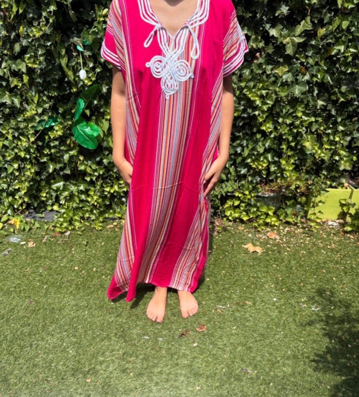 Pink Kaftan with White Embroidery and Stripes Moroccan House Dress